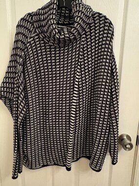 Elan Black and White Knit Cowl Neck Poncho Sweater One Size Oversized